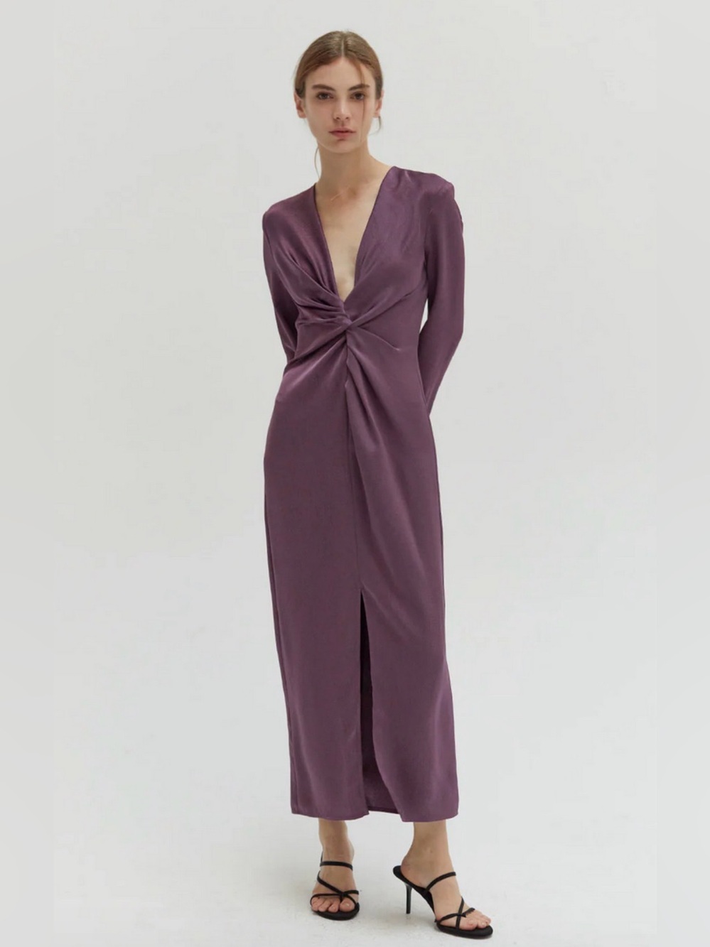 Crescent Plum Twist-Front Long Sleeve Maxi Dress